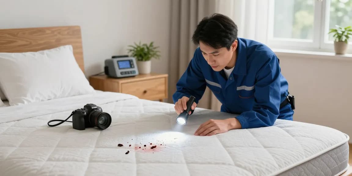 bed bug exterminators inspecting a bedroom for infestations with professional equipment and calm atmosphere