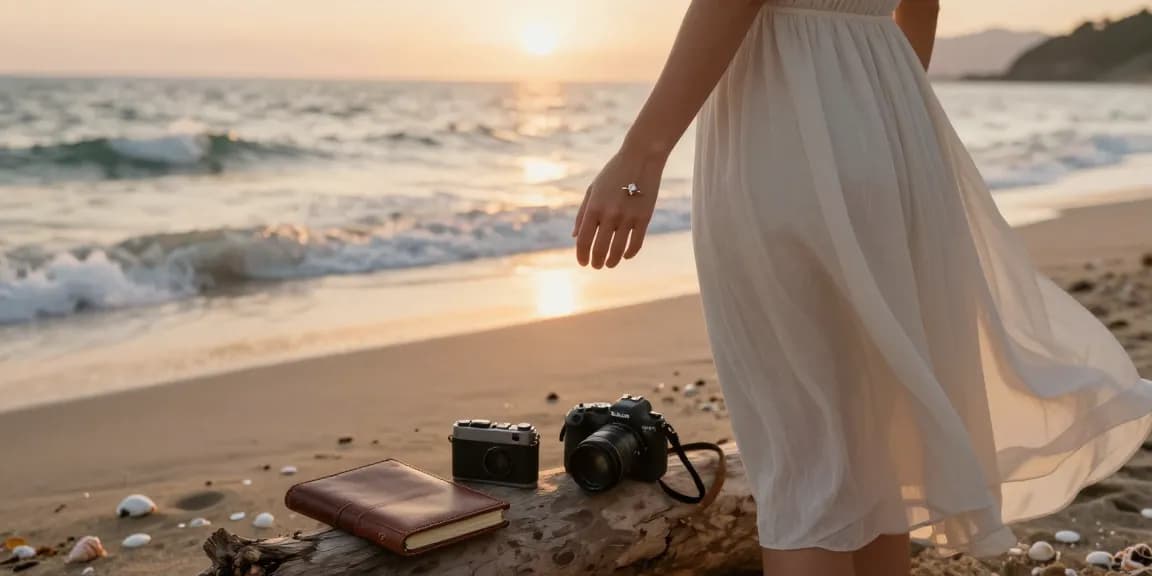 Beautiful ethical engagement rings UK showcased on a beach at sunset, highlighting love and connection.