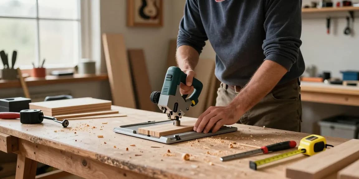 Craftsman using a mitre saw hand for woodworking in a workshop
