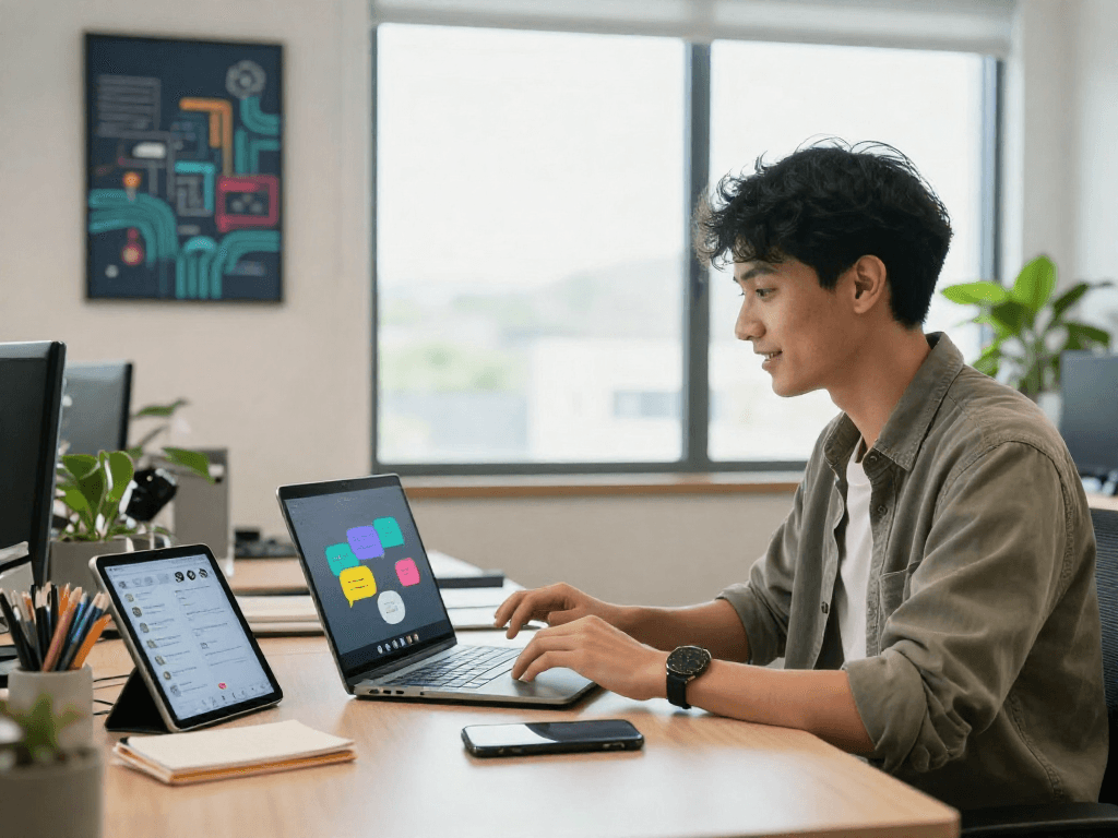 Engaging spicychat session with colorful chat bubbles in a vibrant workspace.