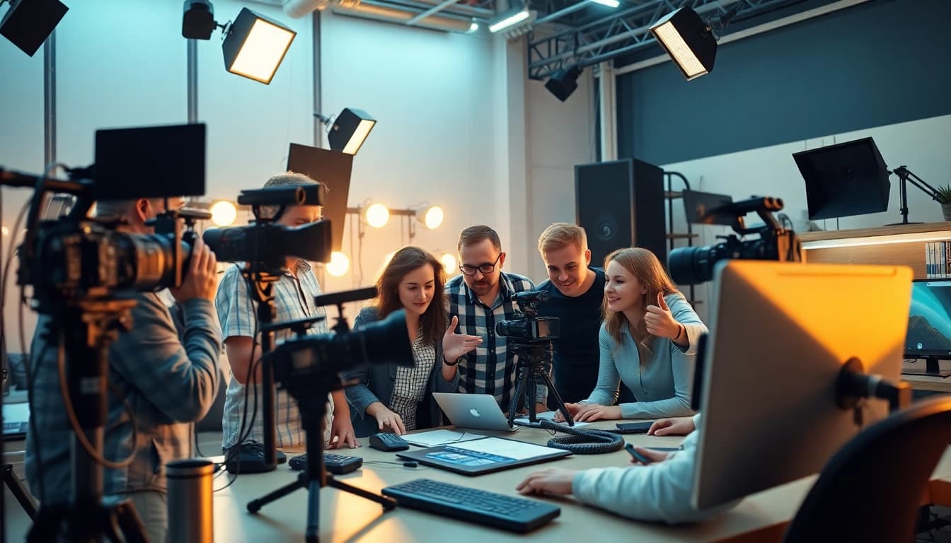 Team collaborating at a Video production agency studio with cameras and editing equipment.