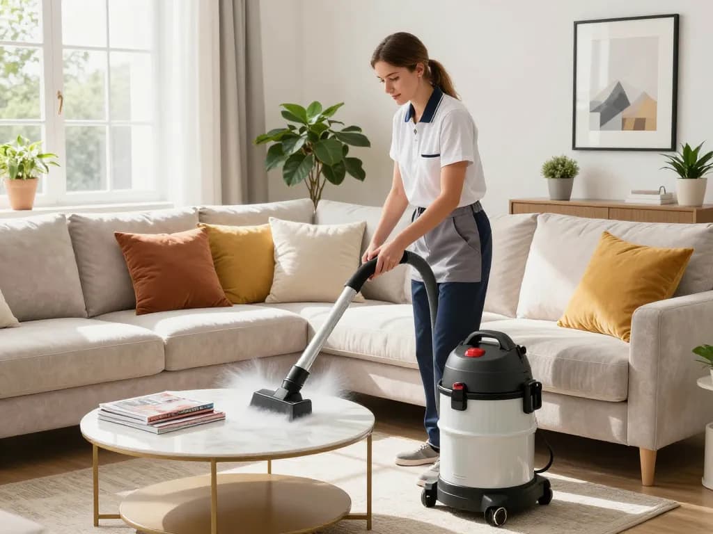 Local Birmingham business directories showcasing a technician cleaning upholstery in a bright living room.