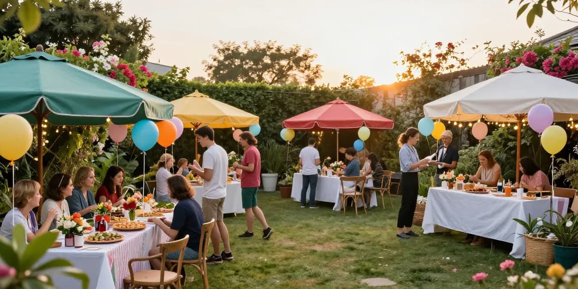 Elegant outdoor birthday party setup featuring colorful gazebos from https://www.gazebohirelondon.co.uk/ surrounded by joyful guests and festive decorations.