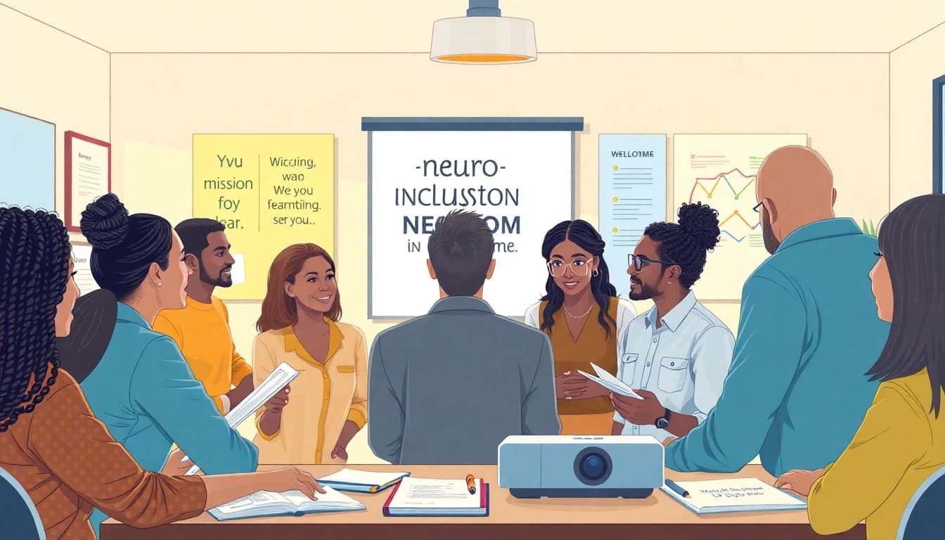 Enhance neuroinclusion training with a diverse team in a collaborative workshop setting.
