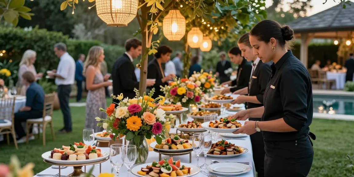Catering Hire London setup in a garden with gourmet dishes and elegant decor.