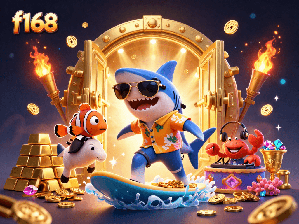 Experience thrills at f168 with a 3D shark surfing gold coins, highlighting dramatic casino excitement.