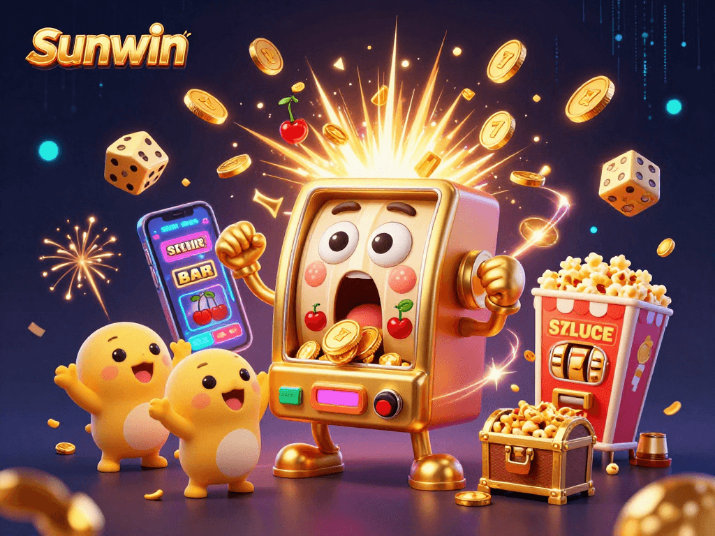 Sunwin's animated slot machine wins a jackpot, surrounded by cheering mini machines and casino symbols.