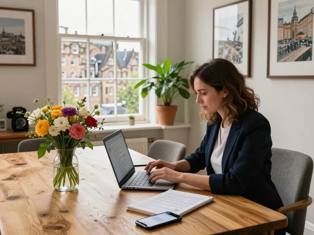 Airbnb management Edinburgh scene with a professional reviewing guest inquiries in a cozy, well-decorated flat.