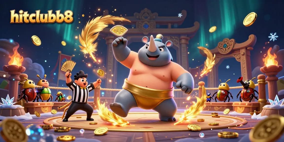 Watch the hitclubb8 rhinoceros beetle stomp and scatter coins in an exciting gambling scene.