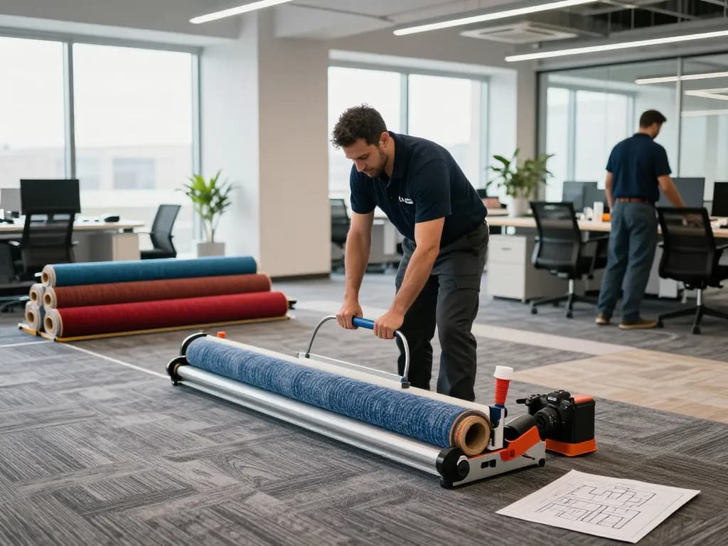 Professional installer performing commercial carpet installation in a modern office space with quality carpet materials.