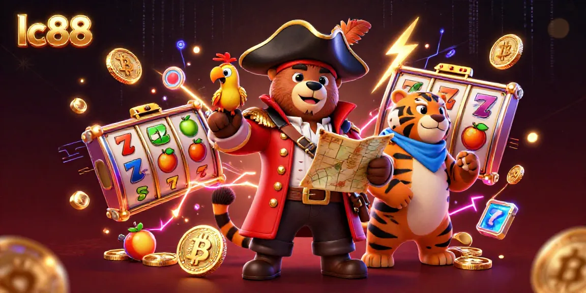 Engage in thrilling adventures with the lc88 pirate captain bear amidst vibrant slot reels and glowing crypto coins.