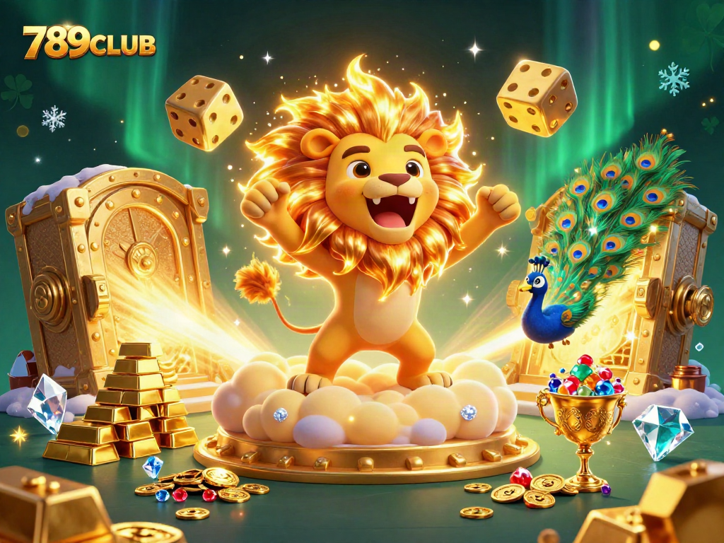 Win big at 789CLUB with dazzling gems and thrilling games, surrounded by massive golden dice.