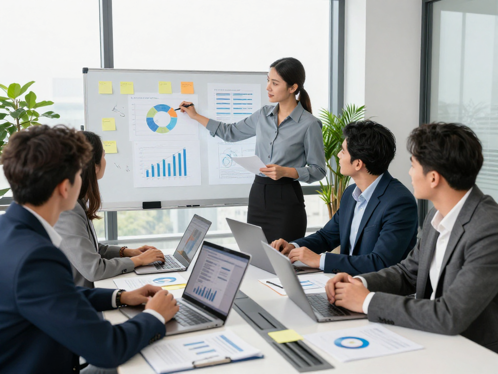 Companies collaborating in a modern office space with diverse professionals brainstorming and sharing ideas.