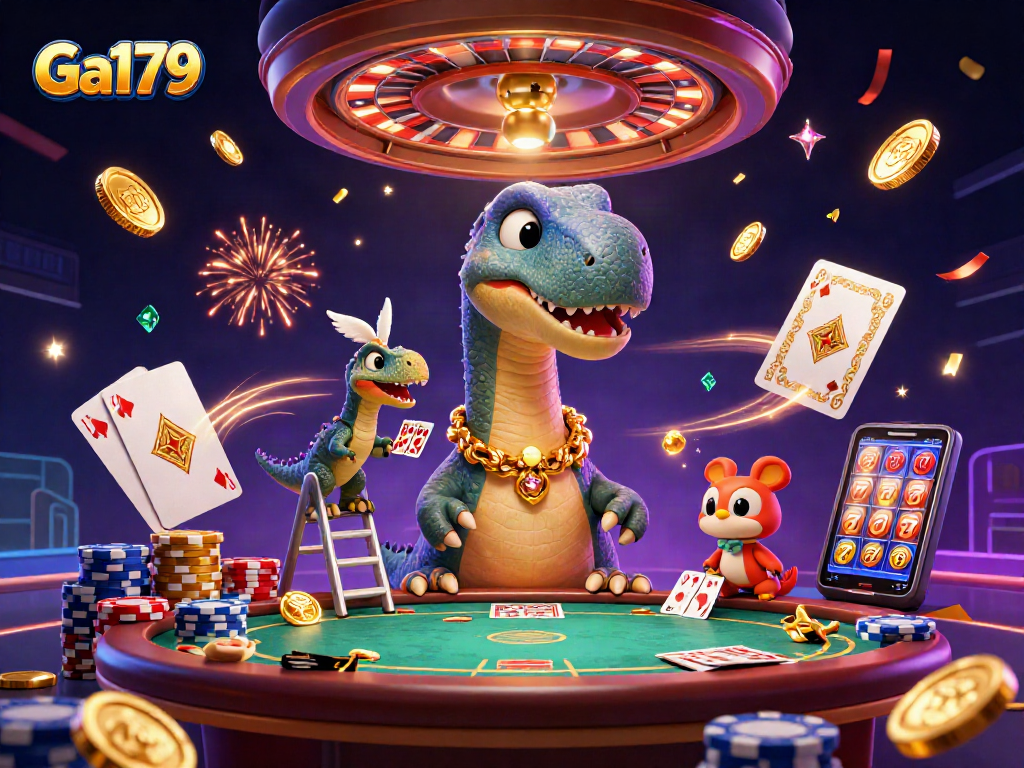 Engage with Ga179 at the vibrant casino scene featuring a brontosaurus, raptor dealer, and dynamic gaming elements.