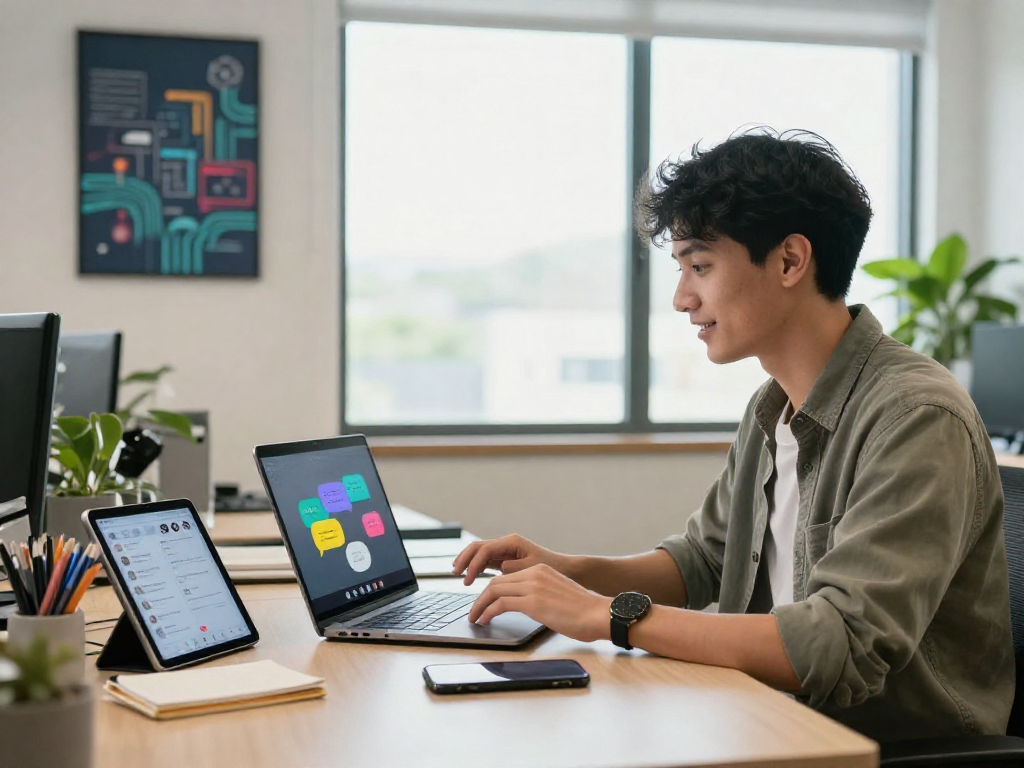 Engaging spicychat session with colorful chat bubbles in a vibrant workspace.