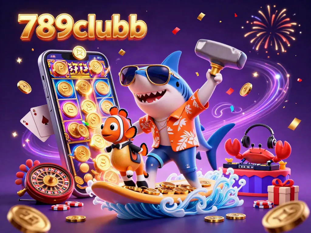 Immerse yourself in 789clubb's lively casino scene with a shark, clownfish, seahorse, and a crab DJ.