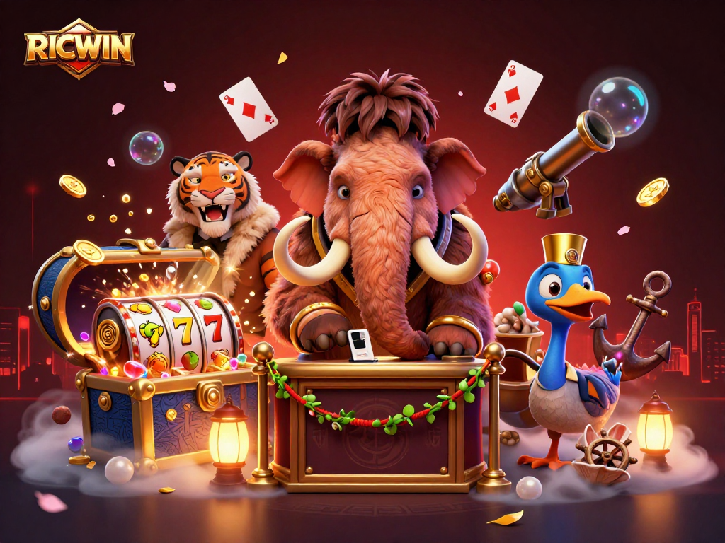 Engage with RICWIN casino excitement featuring a woolly mammoth checking IDs amidst vibrant slot game elements.