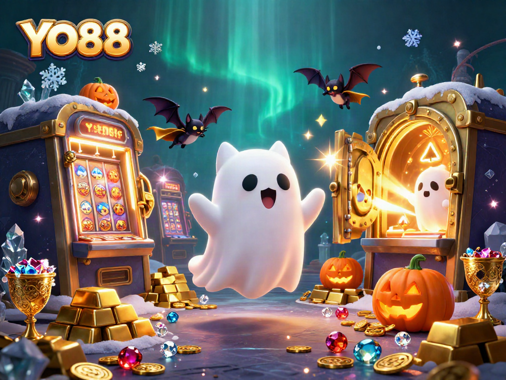 Unleash your luck with YO88 in a vibrant haunted casino scene teeming with jackpots and treasures.