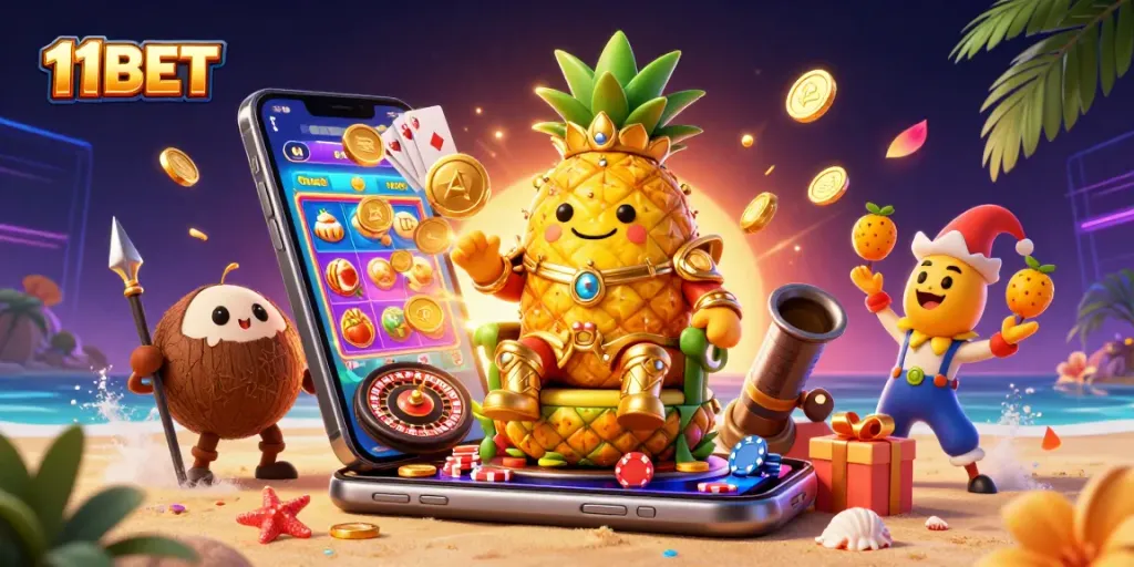 Catch the excitement of 11BET with a vibrant casino scene showcasing playful characters and thrilling games.