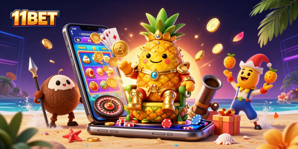 Catch the excitement of 11BET with a vibrant casino scene showcasing playful characters and thrilling games.