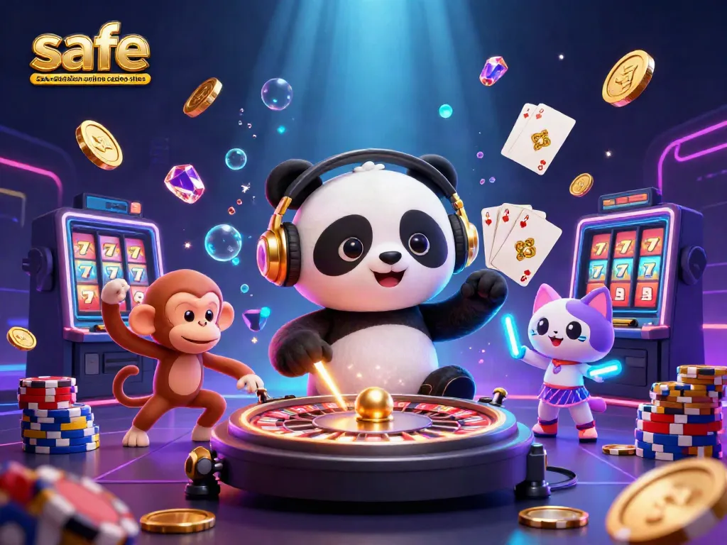 Experience safe australian online casino sites with a lively 3D scene of a DJ panda and friends celebrating.