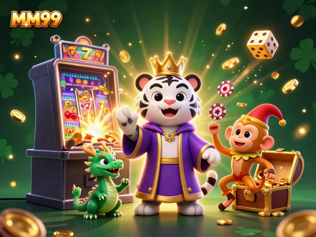 Playful golden monkey juggles chips with MM99 casino characters in an immersive 3D scene.