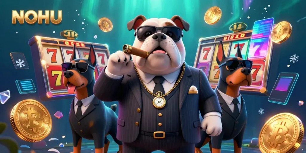 Engage with NOHU in this vibrant 3D illustration of gaming excitement featuring a mafia bulldog and slot elements.
