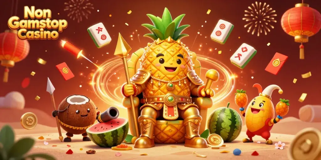Engage in excitement at the Non Gamstop Casino with a vibrant illustration of a golden pineapple king on a tropical throne.