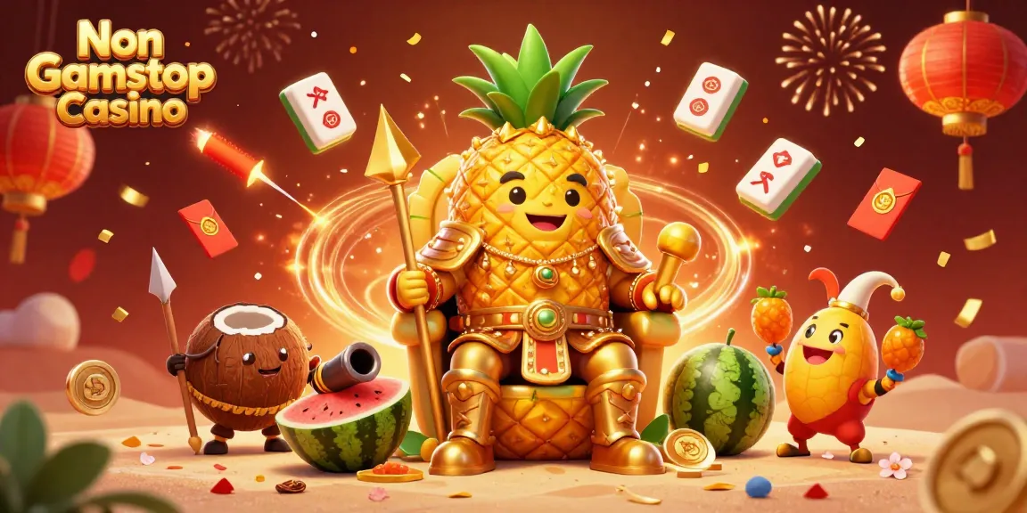 Engage in excitement at the Non Gamstop Casino with a vibrant illustration of a golden pineapple king on a tropical throne.