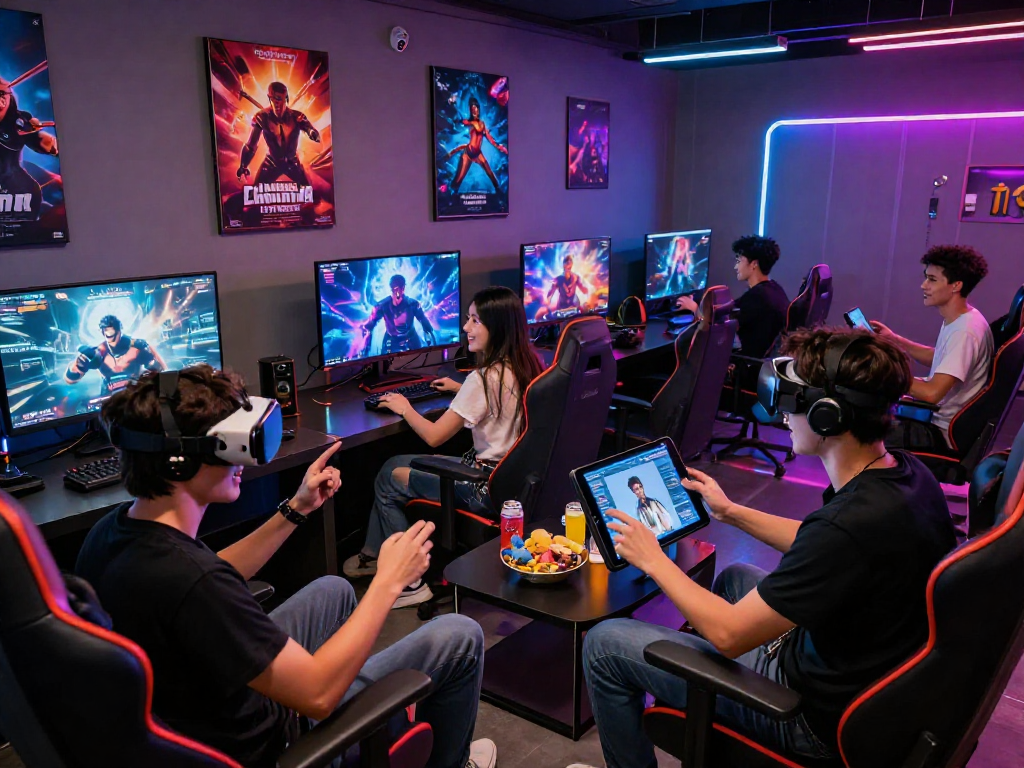 Engaged players enjoying AI porn games in a vibrant gaming lounge, showcasing immersive adult gaming.
