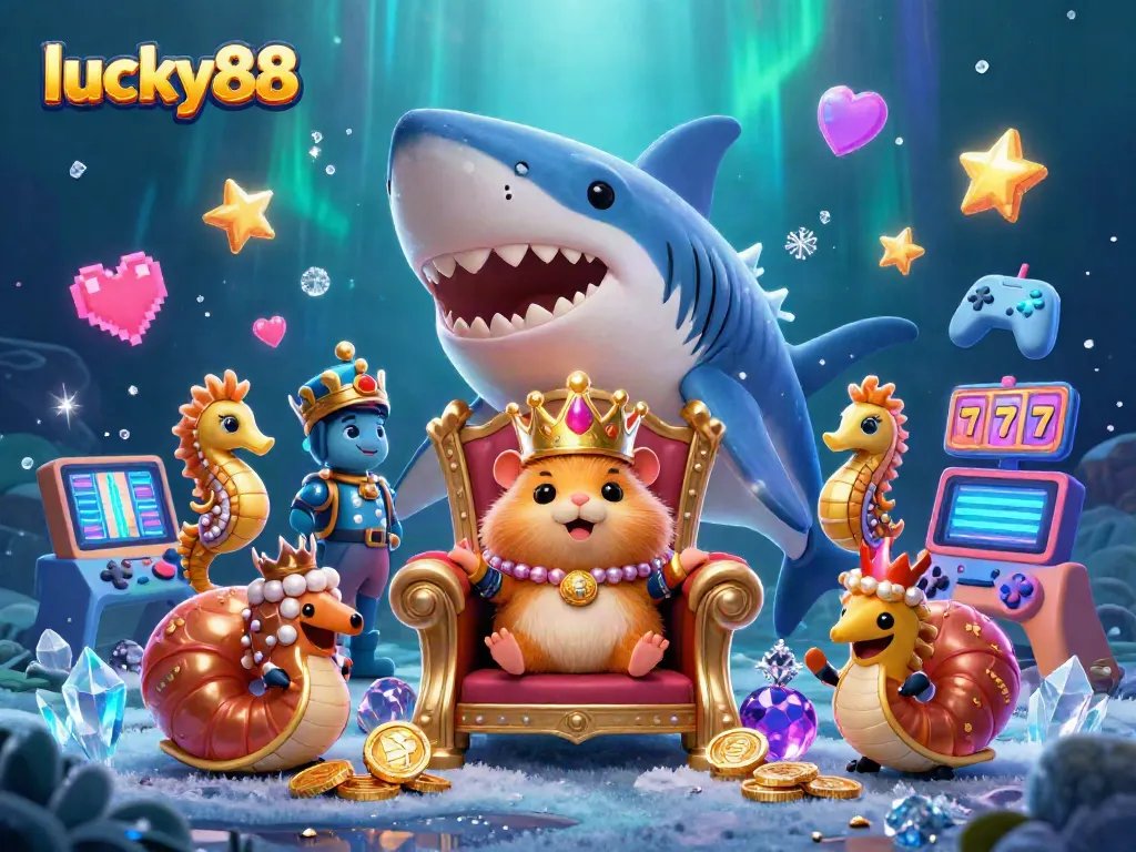 Spin the lucky88 slots with a hamster king surrounded by golden elements and glowing arcade machines.