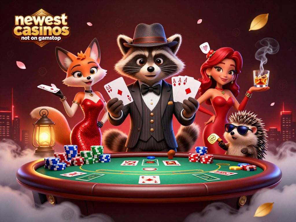 Join the fun at the newest casinos not on gamstop with a charming raccoon, fox, and hedgehog in a vibrant scene.