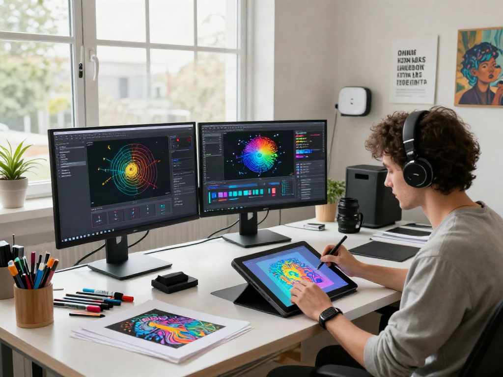 AI slut creative art scene, artist crafting AI-generated visuals in a bright studio.