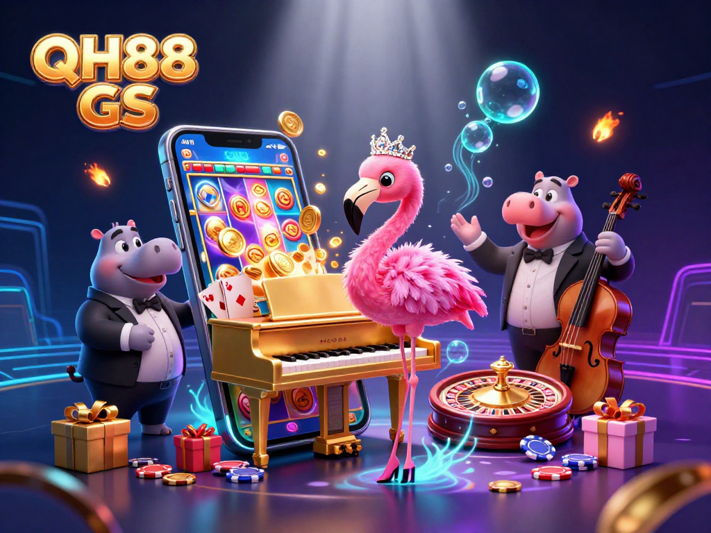 Experience thrilling slots with QH88 GS as the flamingo sings at a vibrant casino scene.