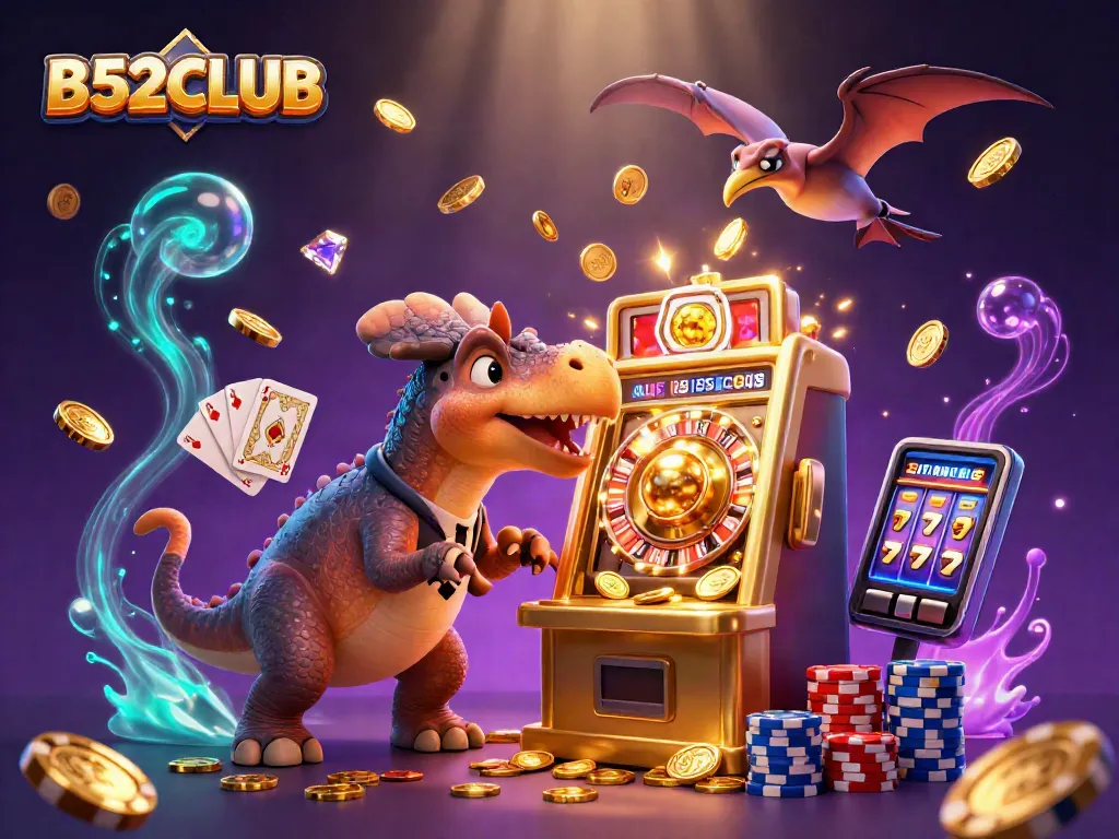 B52CLUB engages players with a dynamic jackpot scene featuring animated prehistoric characters winning big.