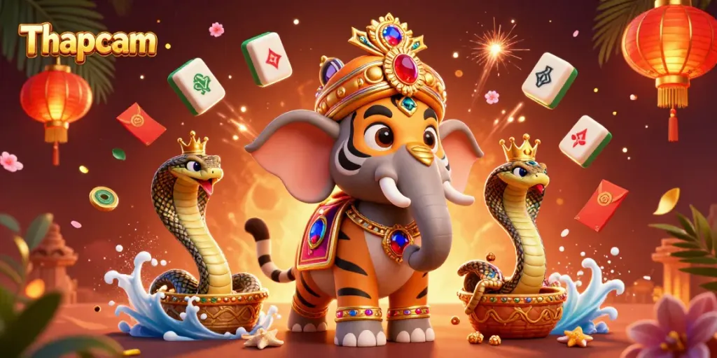 Experience Thapcam's vibrant casino scene featuring a majestic maharaja, jungle elements, and game symbols.