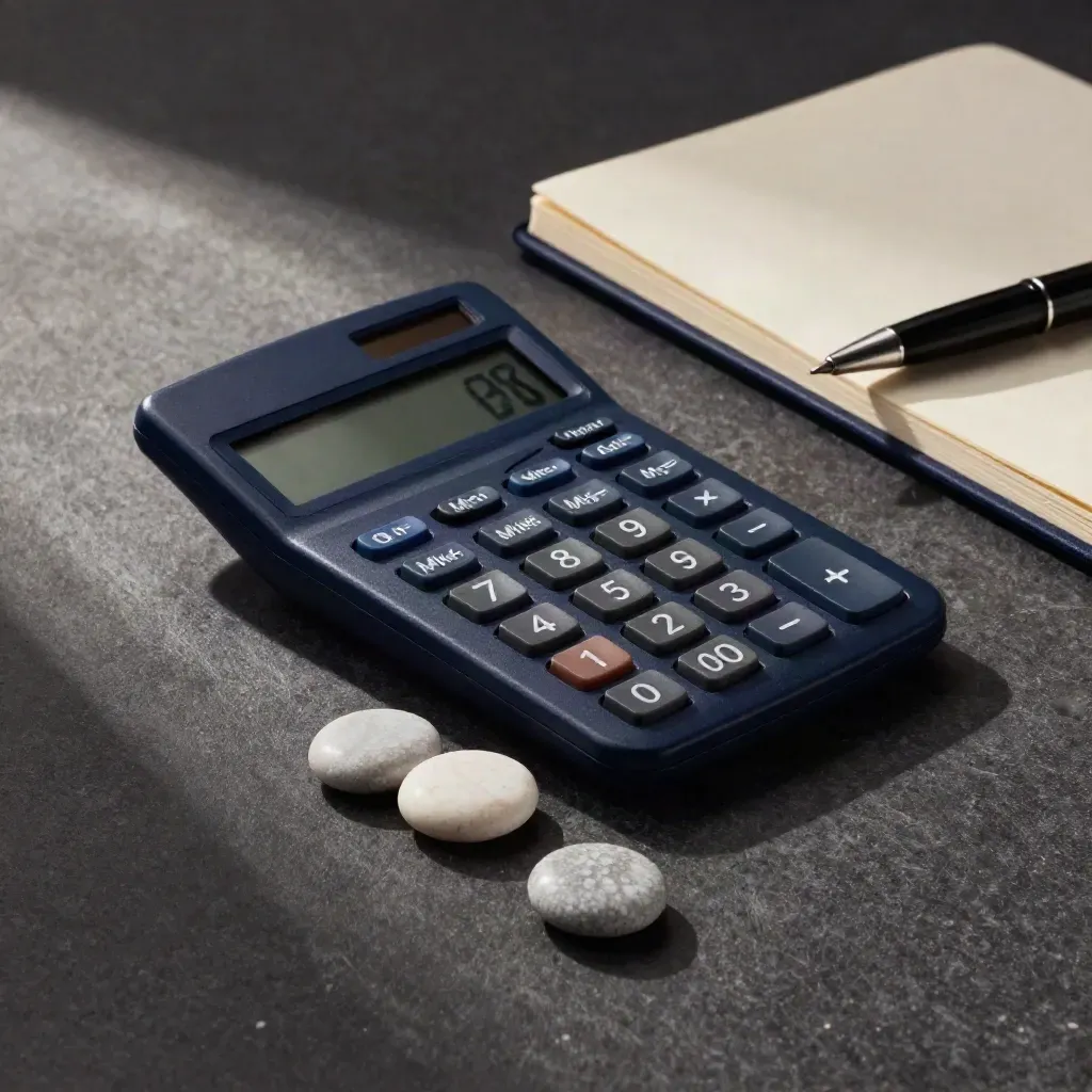 Navy calculator, stone chips, notebook and pen on travertine under warm light.
