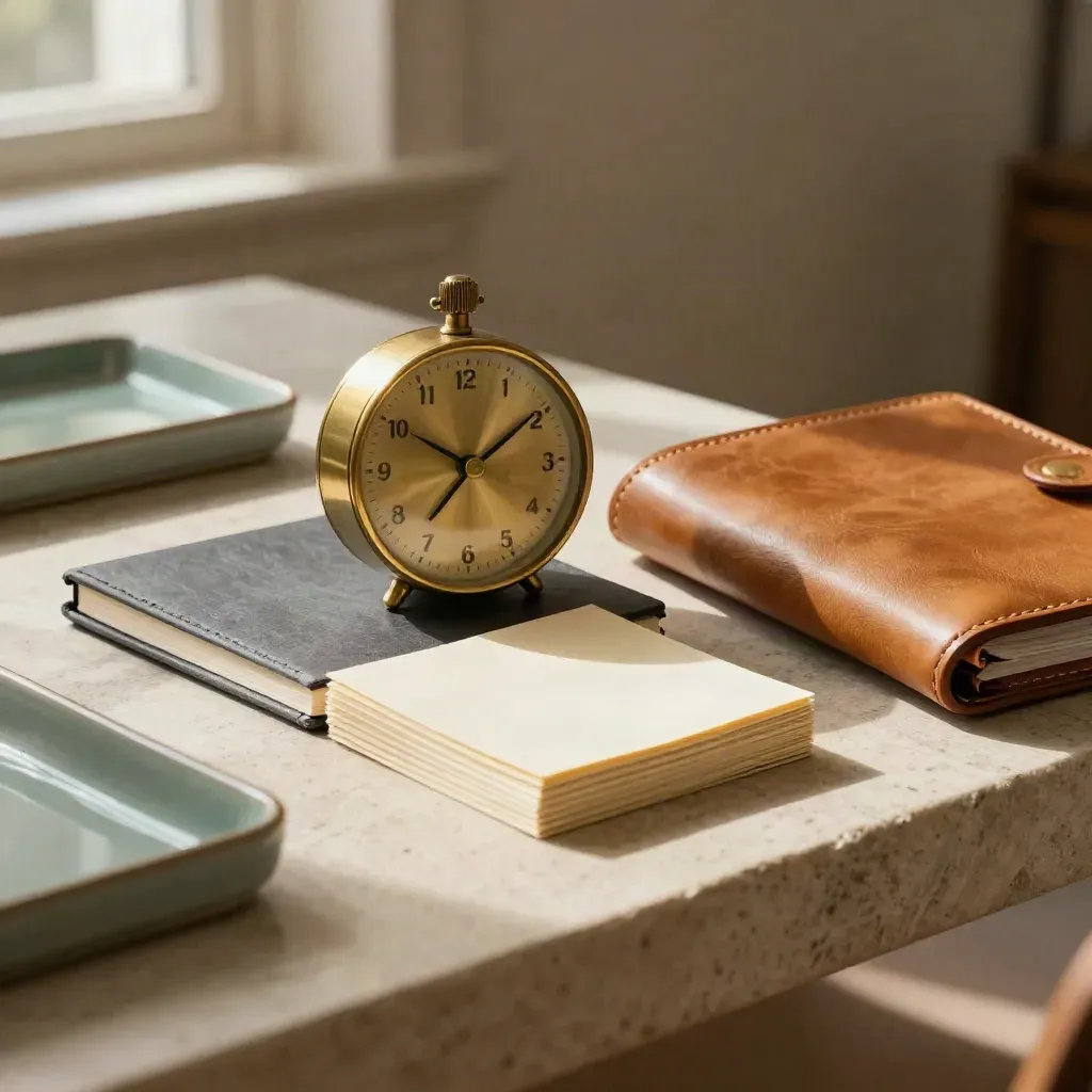 Brass timer, slate notebook, cue cards and leather portfolio on a stone ledge in warm window light.