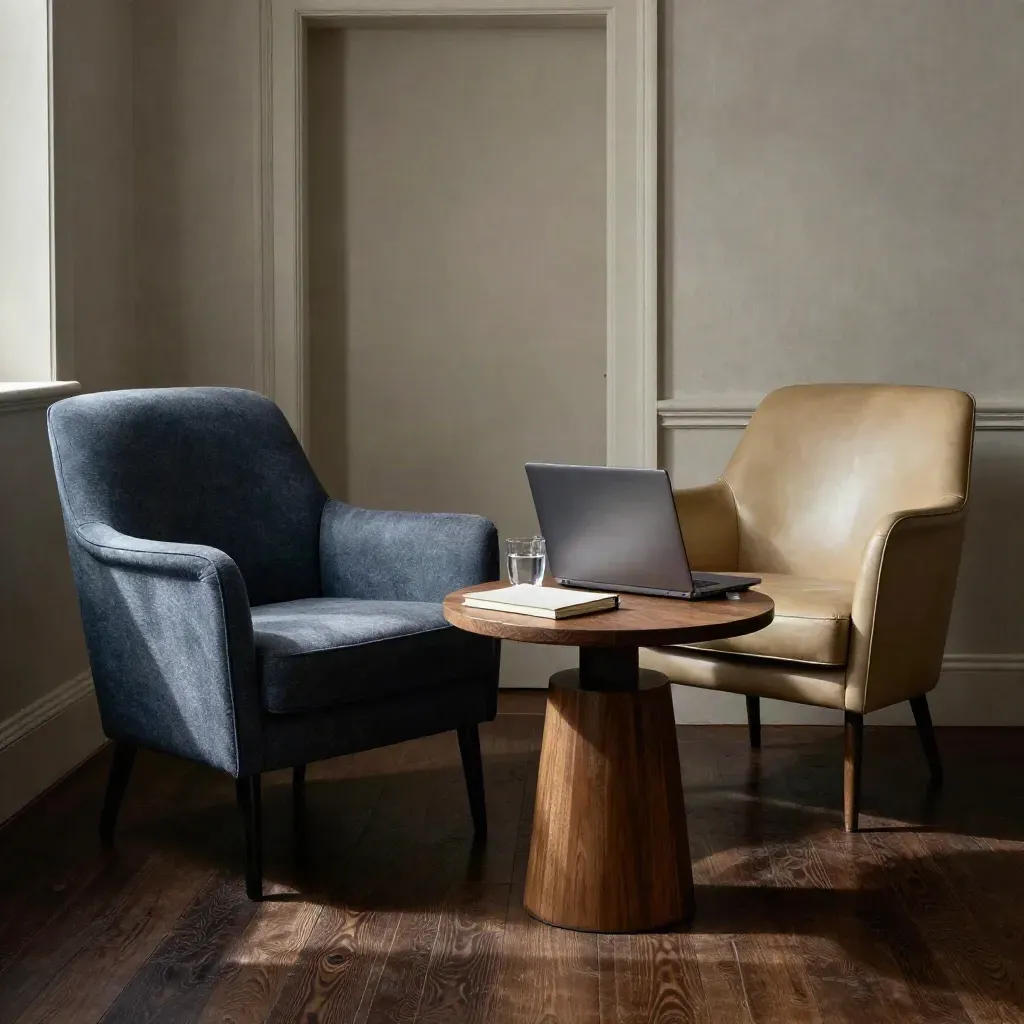 Moody private consulting corner with two armchairs, side table, laptop, notebook and water glass.