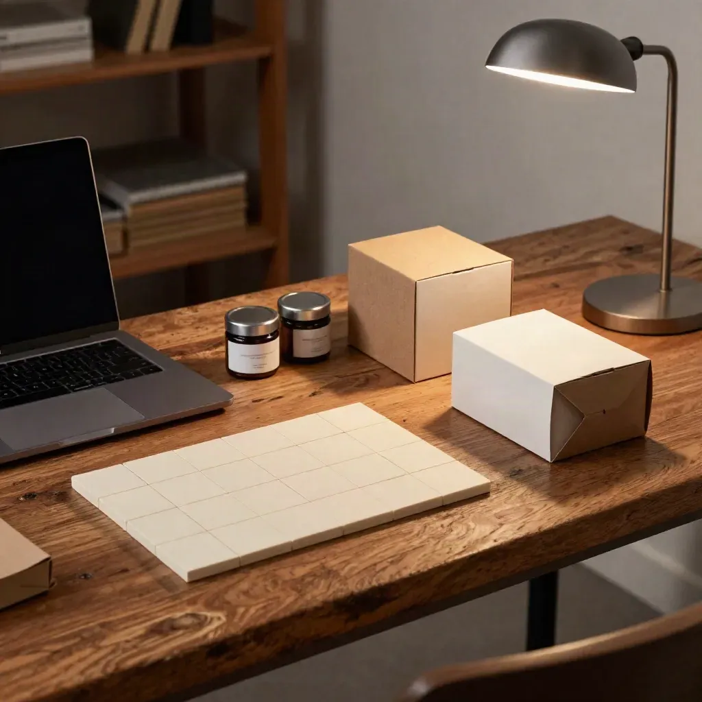 Solo-founder launch-planning bench with laptop, prototype packaging, planning tiles and a desk lamp.