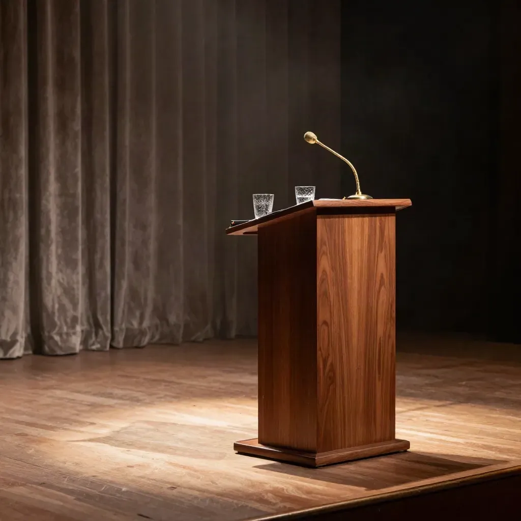 Empty stage with lectern, microphone and water glass under a dramatic spotlight.