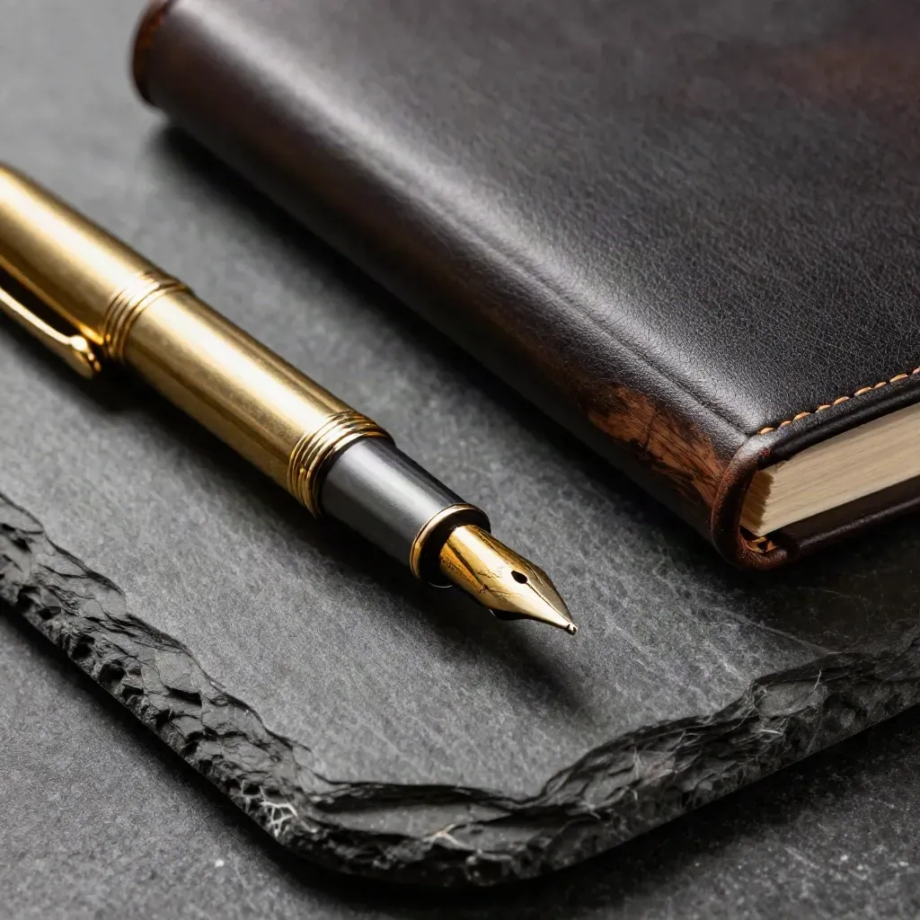 Brass pen, walnut paperweight, leather folio and black notebook on a dark stone slab.