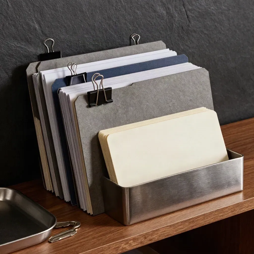 Tabbed project folders and binder clips with blank cards in a dramatic low-light still life