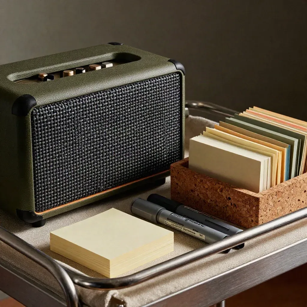 Portable speaker, markers, sticky note pads and coloured cards in a cork tray under raking light.