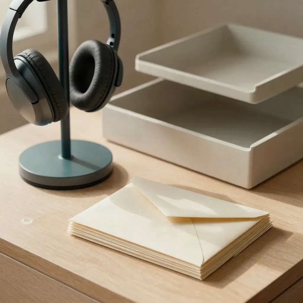 Support desk still life with headset stand, phone dock, inbox trays and cream envelopes on pale wood.
