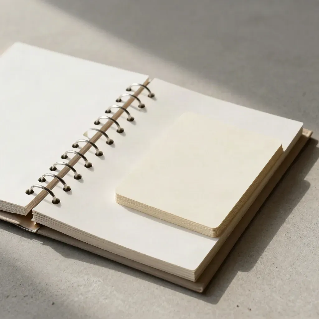 Top-down binder flatlay with dividers, colour clips and blank cards on pale concrete.