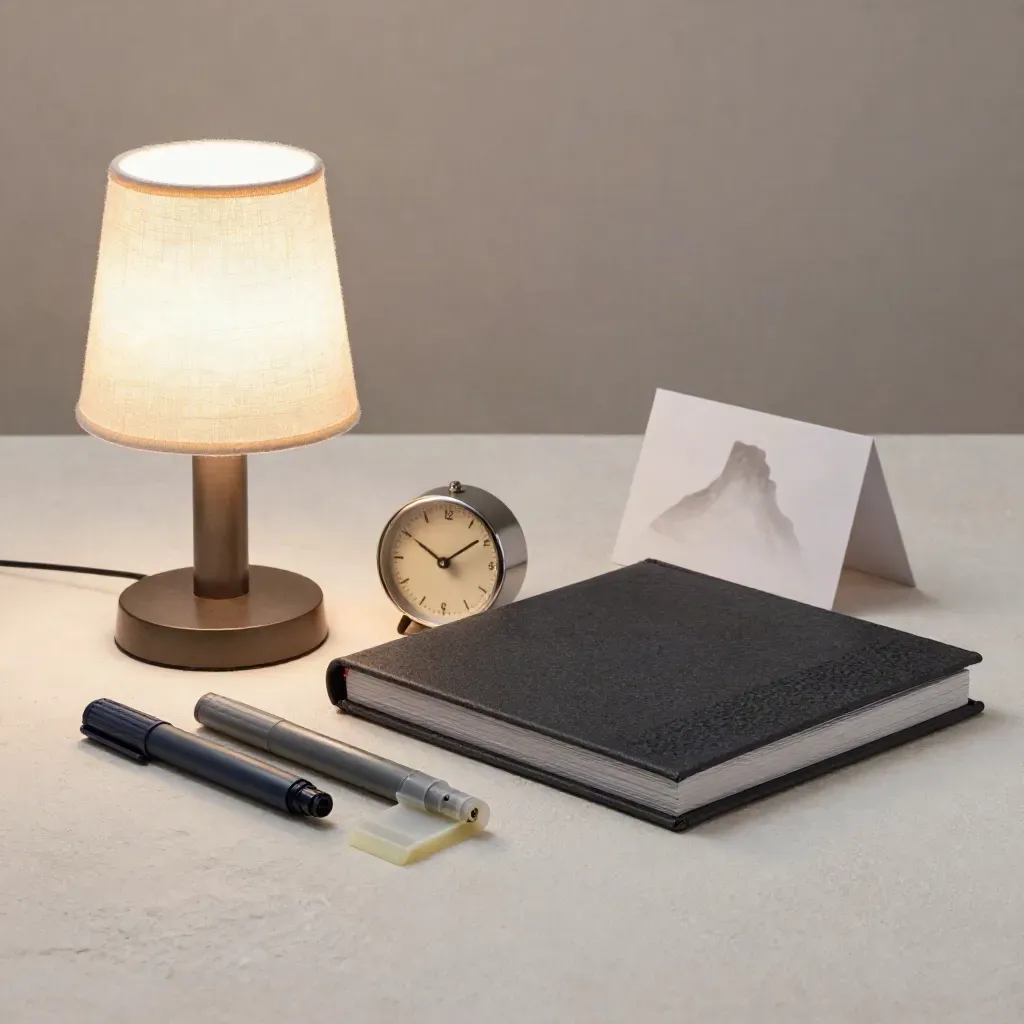 Marker caps, sticky tabs, timer and folio beside a glowing lamp on plaster