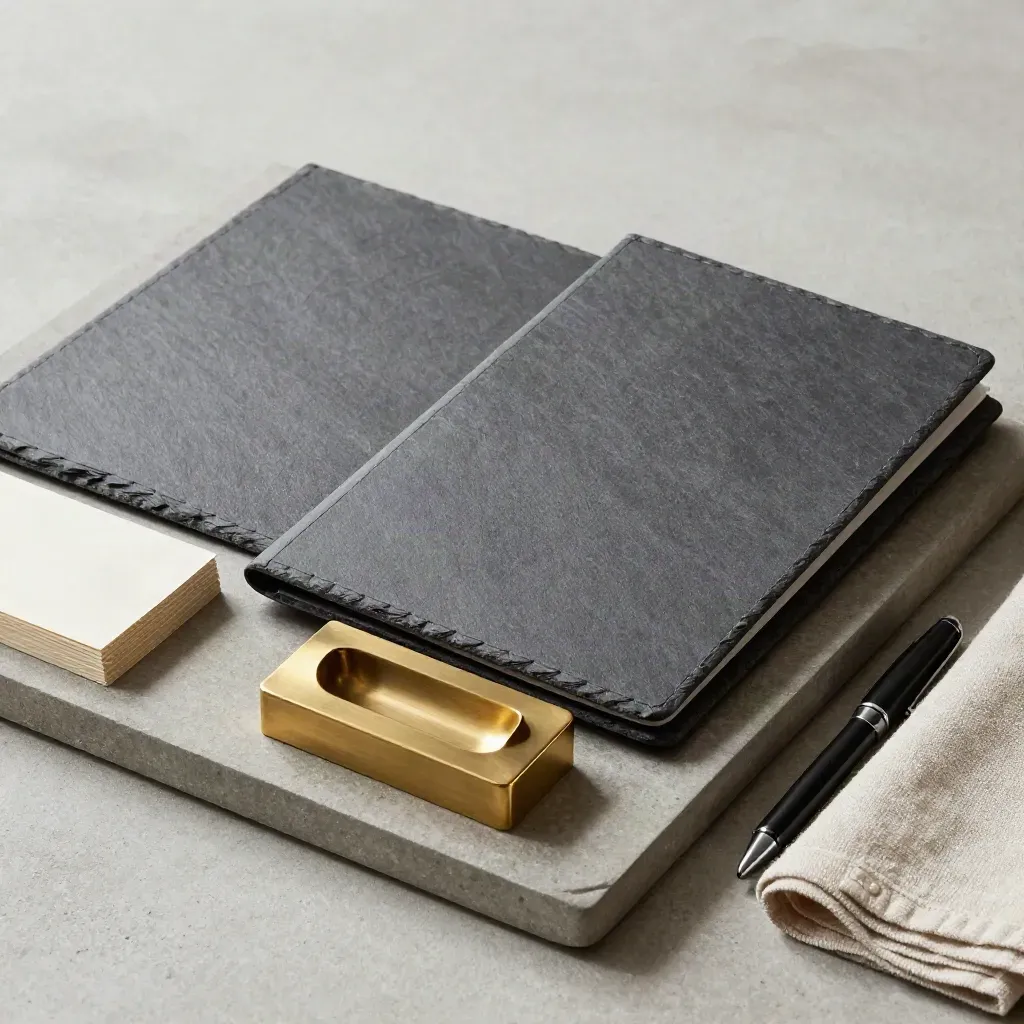 Slate folders, brass paperweight, comparison cards and pen tray on stone in soft light.
