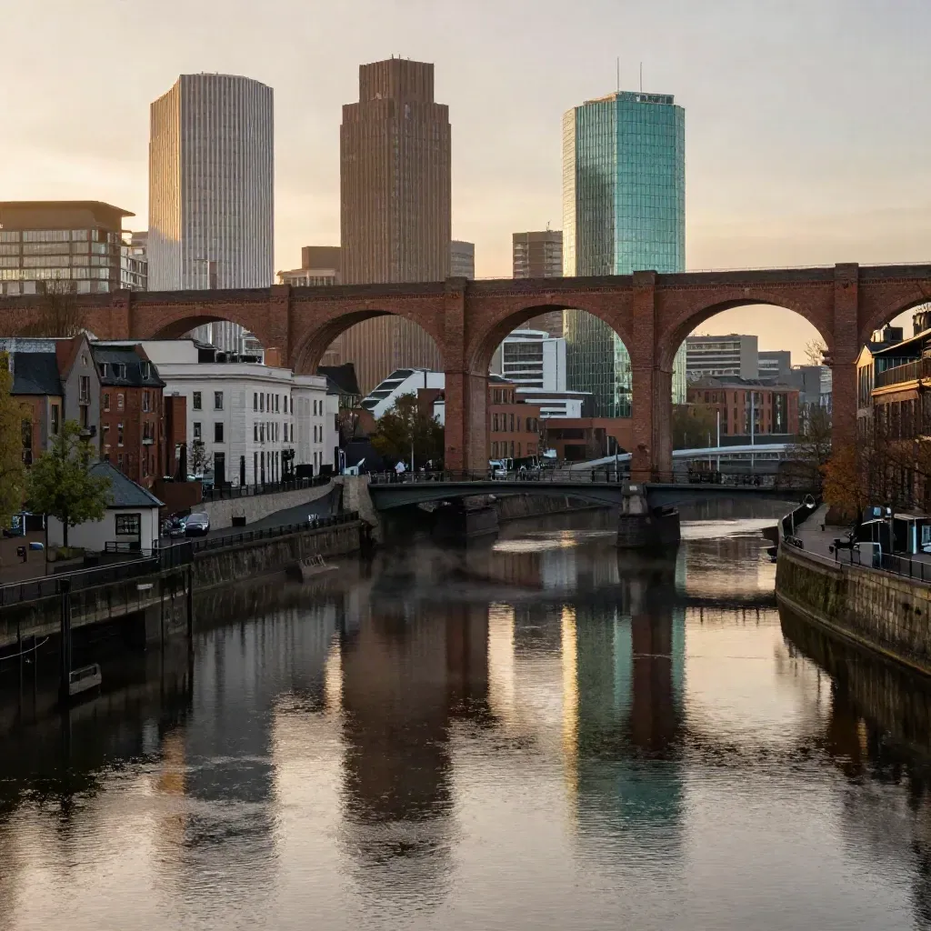 West Midlands canal skyline at sunset with brick viaducts and hazy waterfront architecture.