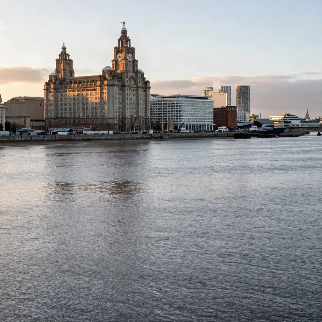 Liverpool waterfront above a calm Mersey at golden hour, wide scenic view for North West England.